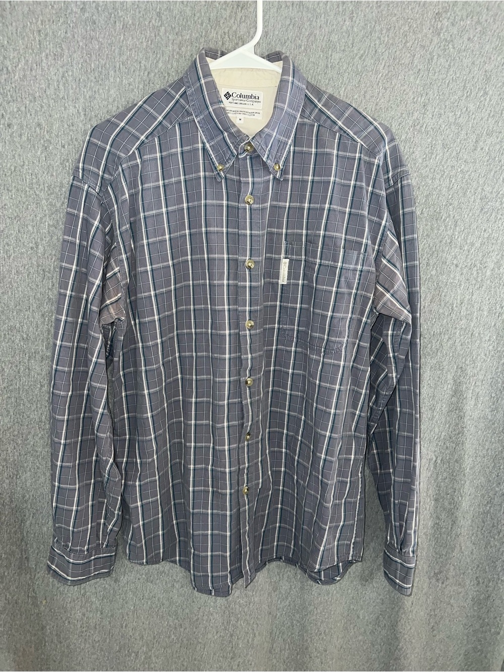 Columbia Men's Gray and Blue Plaid Button-Down Shirt